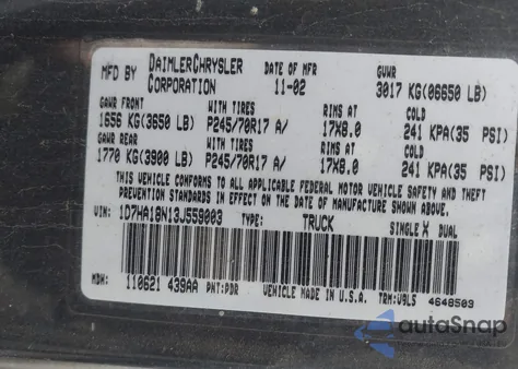 2003 Dodge Ram 1500 Slt/Laramie/St z USA, uszkodzony, nr VIN 1D7HA18N13J559003